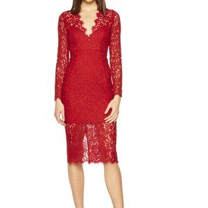 Stunning Bardot Red Midnight Lace Fitted pluge neckline Midi Dress - Like New XS